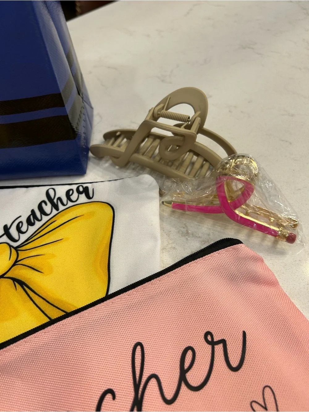 Crayon Blue Kids Tote with Pink 'Teacher Things' Pouch and School Accessories